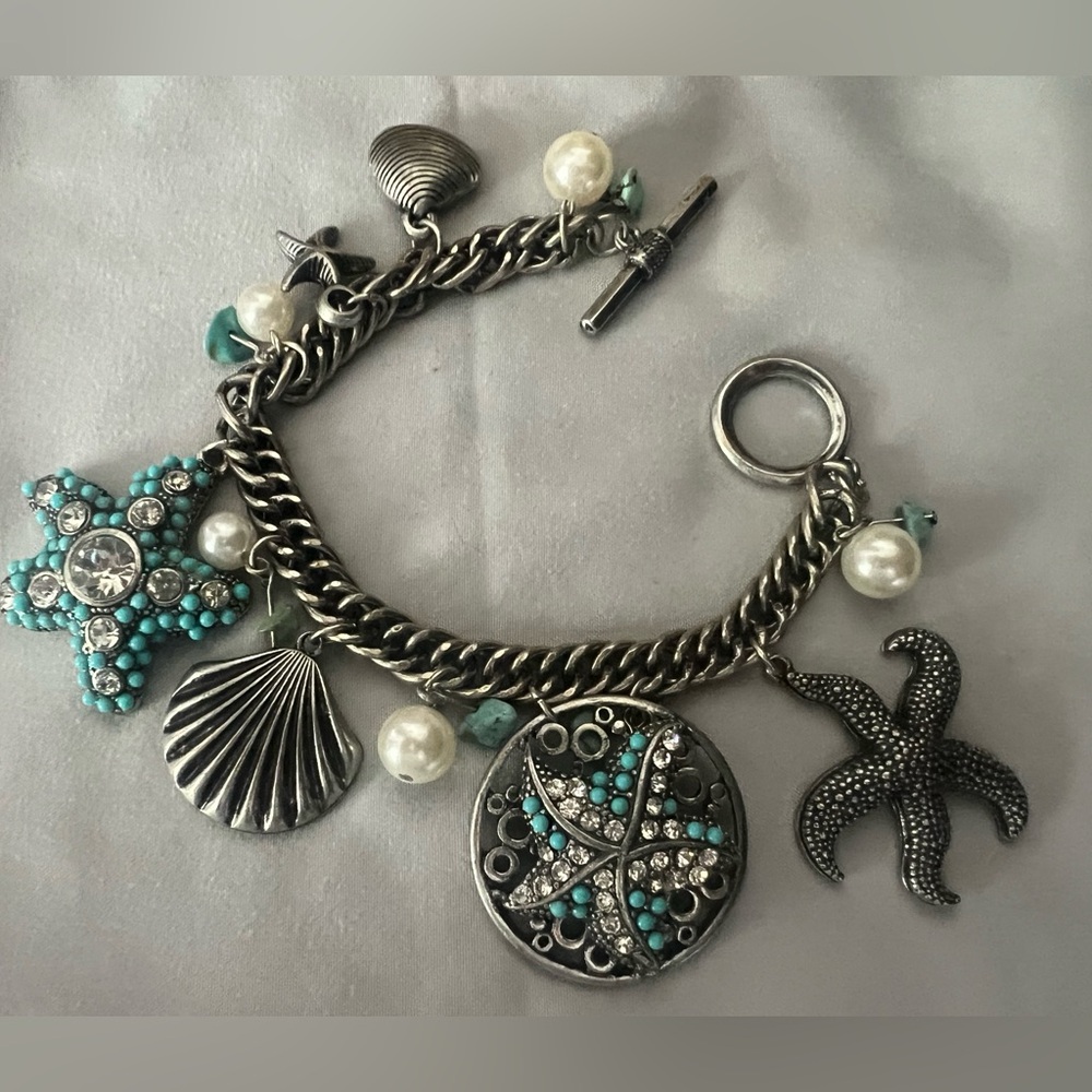 New summer charm bracelet w/pearl, rhinestone & turquoise beading on the charms.